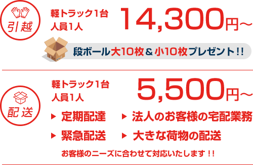 引越 軽トラック1台  人員1人14,300円～ 配送 軽トラック1台  人員1人5,500円～ 定期配達 緊急配送 法人のお客様の宅配業務 大きな荷物の配送 お客様のニーズに合わせて対応いたします！！